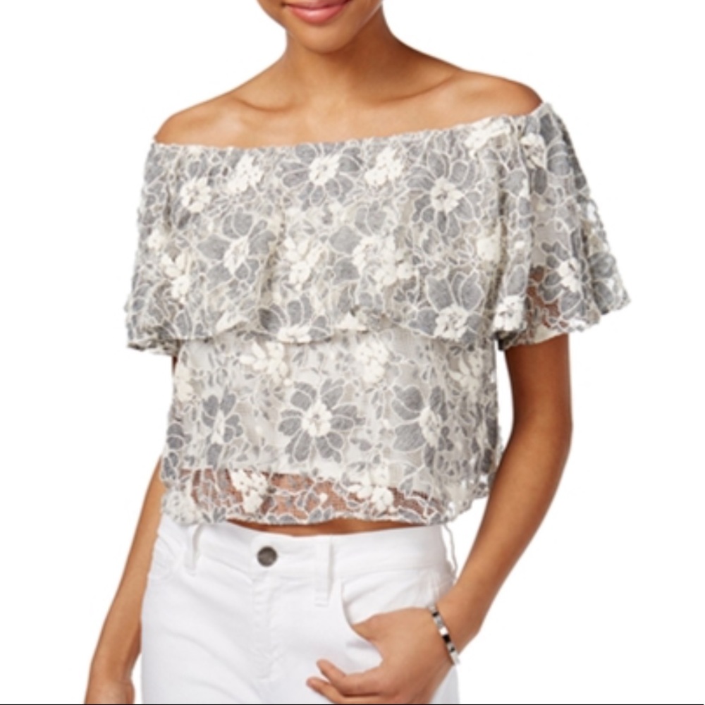 *NWT* Rachel Rachel Roy,  Lace Off-Shoulder, Crop Top, Gray/White, Size XL